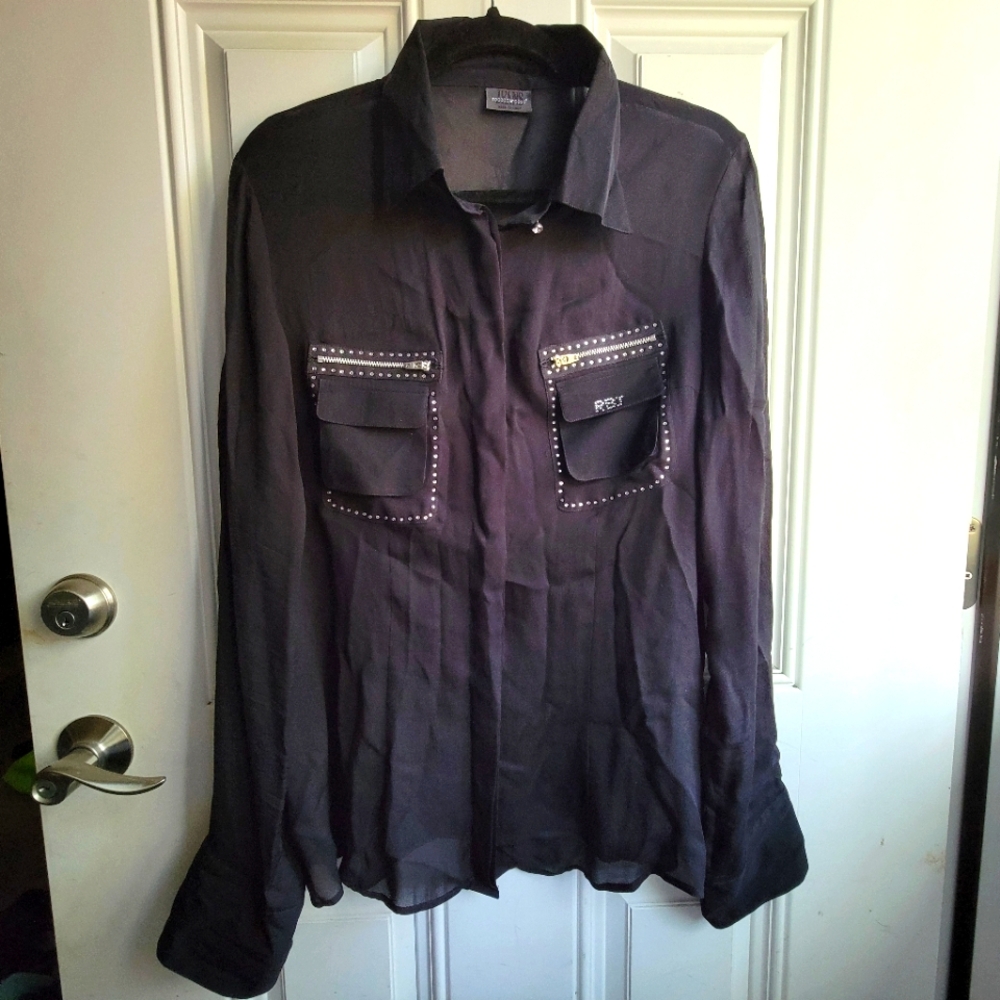 Black Sheer Shirt with Studded Pockets